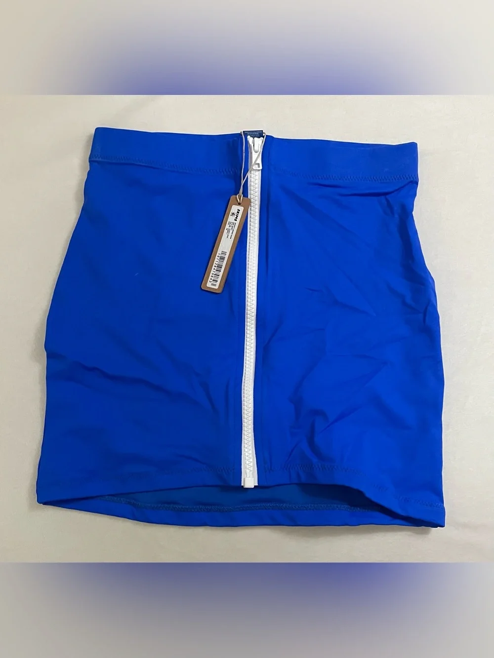 SKIMS NWT Sporty Zipper Swim Cobalt Blue Mini Skirt with White Front Zip size XS